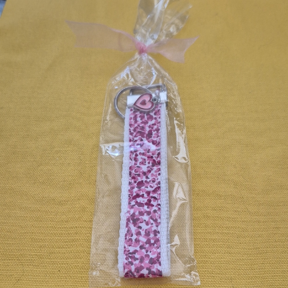 Pink And Red Fabric Wristlet Key Holder with Pink Heart Charm
